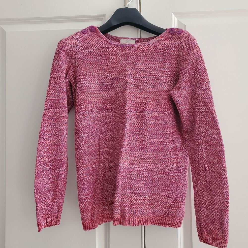 Anne Taylor LOFT women's crew neck sweater pink purple buttons on shoulders Med